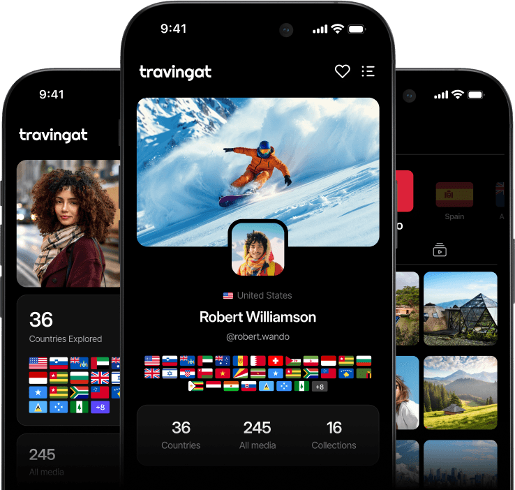 Phone mockups showing travel profiles